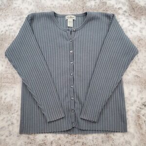 Vintage LL Bean Sweater Women's M Grey 100% Cotton Button Front Ribbed Cardigan